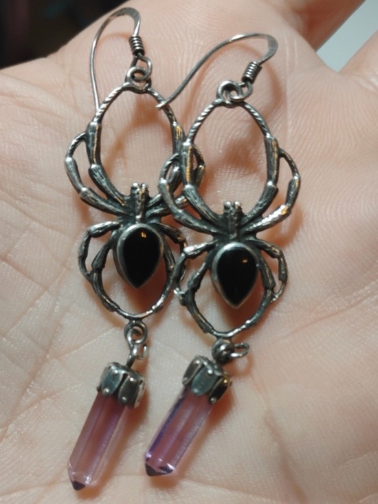 Jewelry - Sterling Silver 925 Onyx & Amethyst 2” Drop Spider Earrings Handcrafted